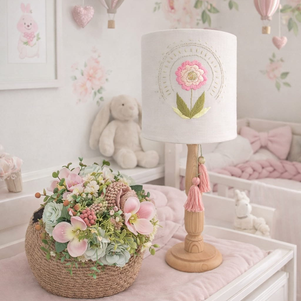 Boncuk Detaylı Tam Tur Çiçek  Desen Mini Abajur
