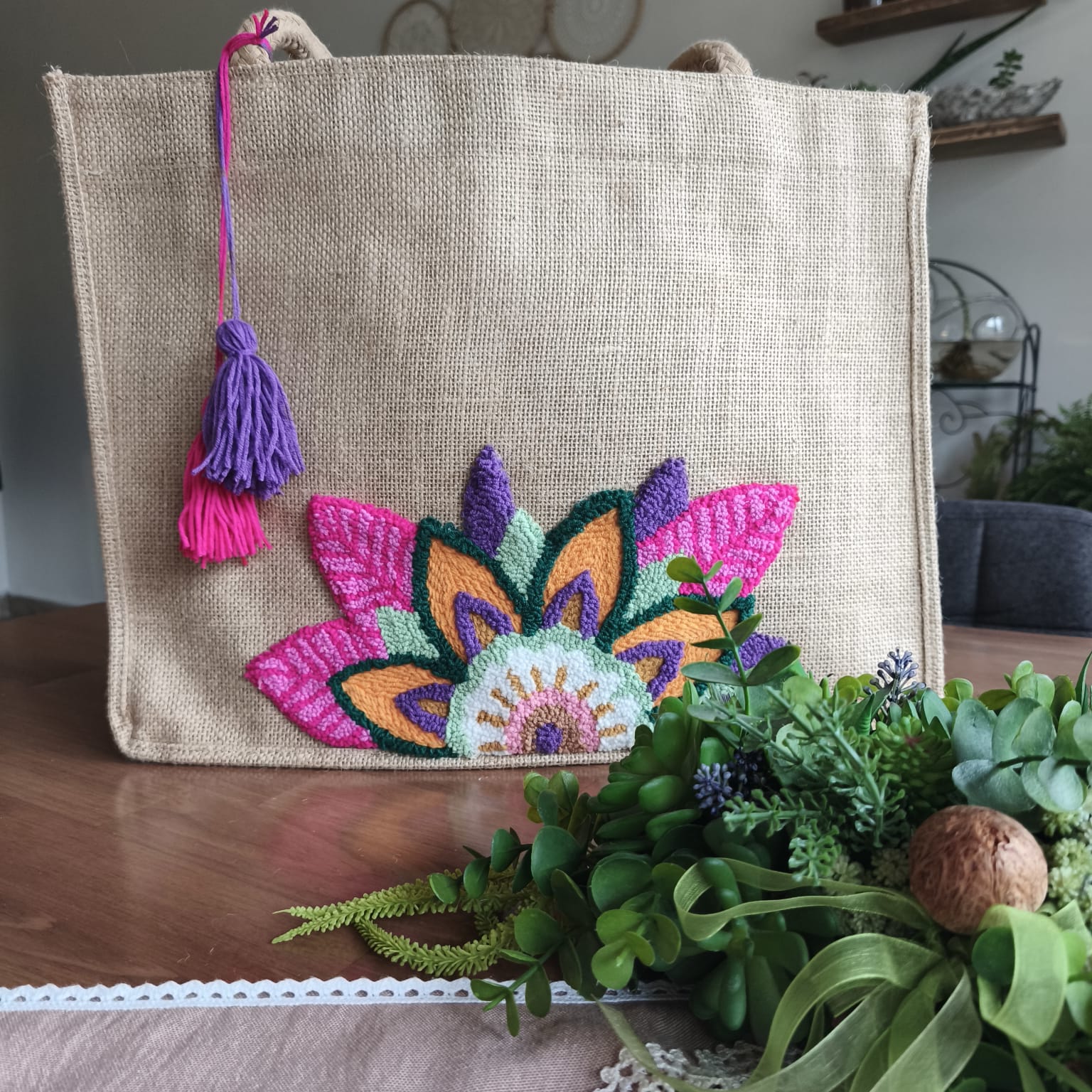 Mandala Desen Jüt Plaj Çantası