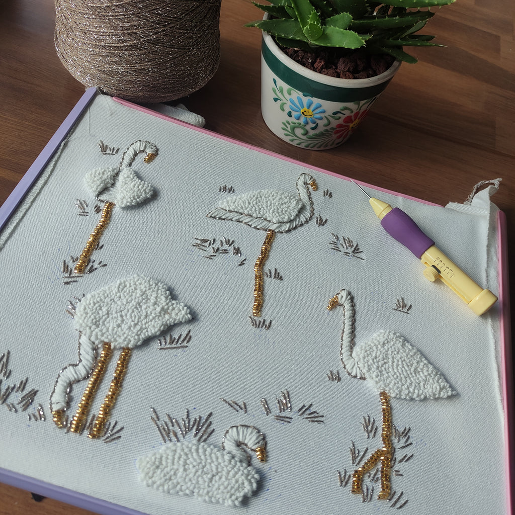 Flamingo Pattern Punch Needle Embroidery and Beaded Cushion Cover