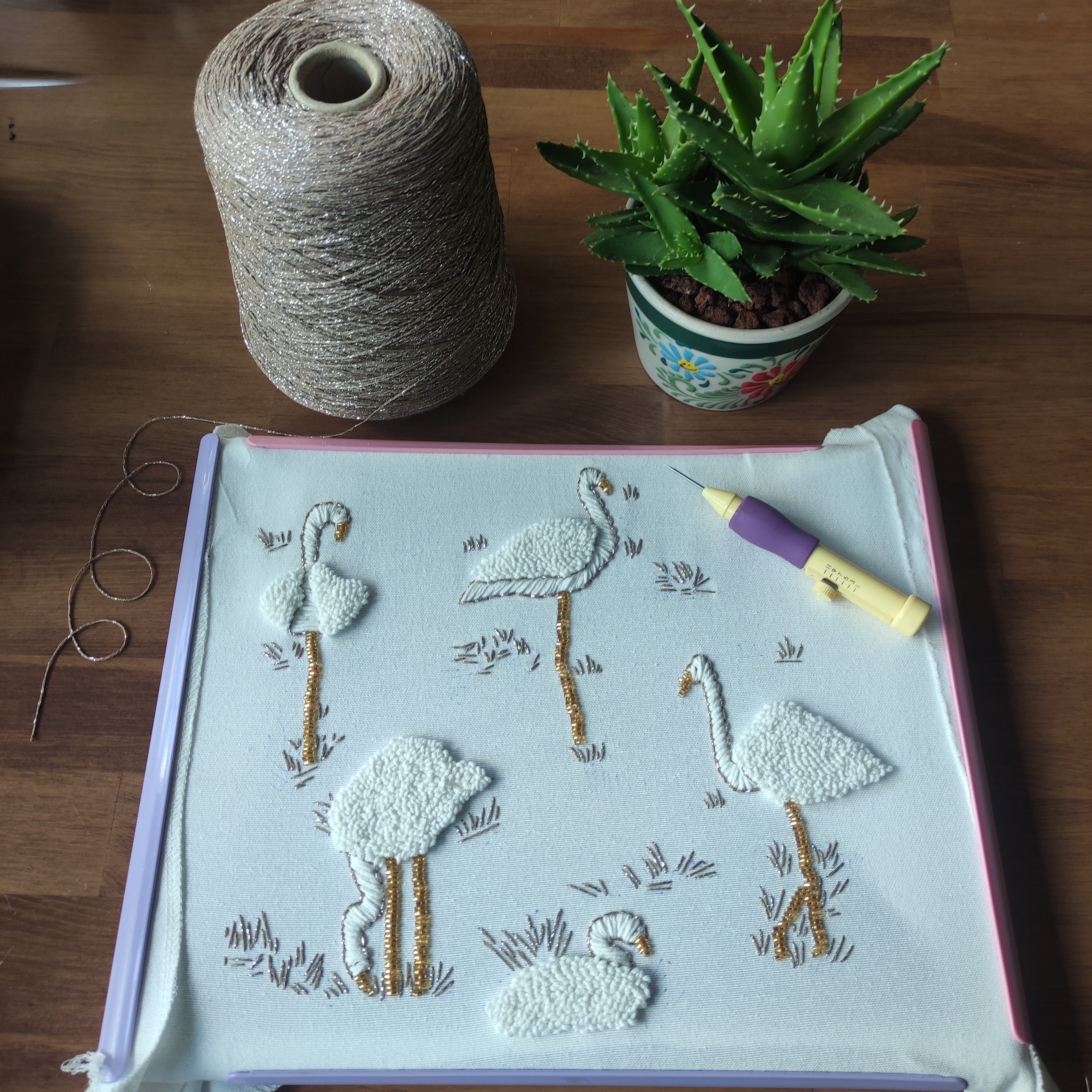 Flamingo Pattern Punch Needle Embroidery and Beaded Cushion Cover