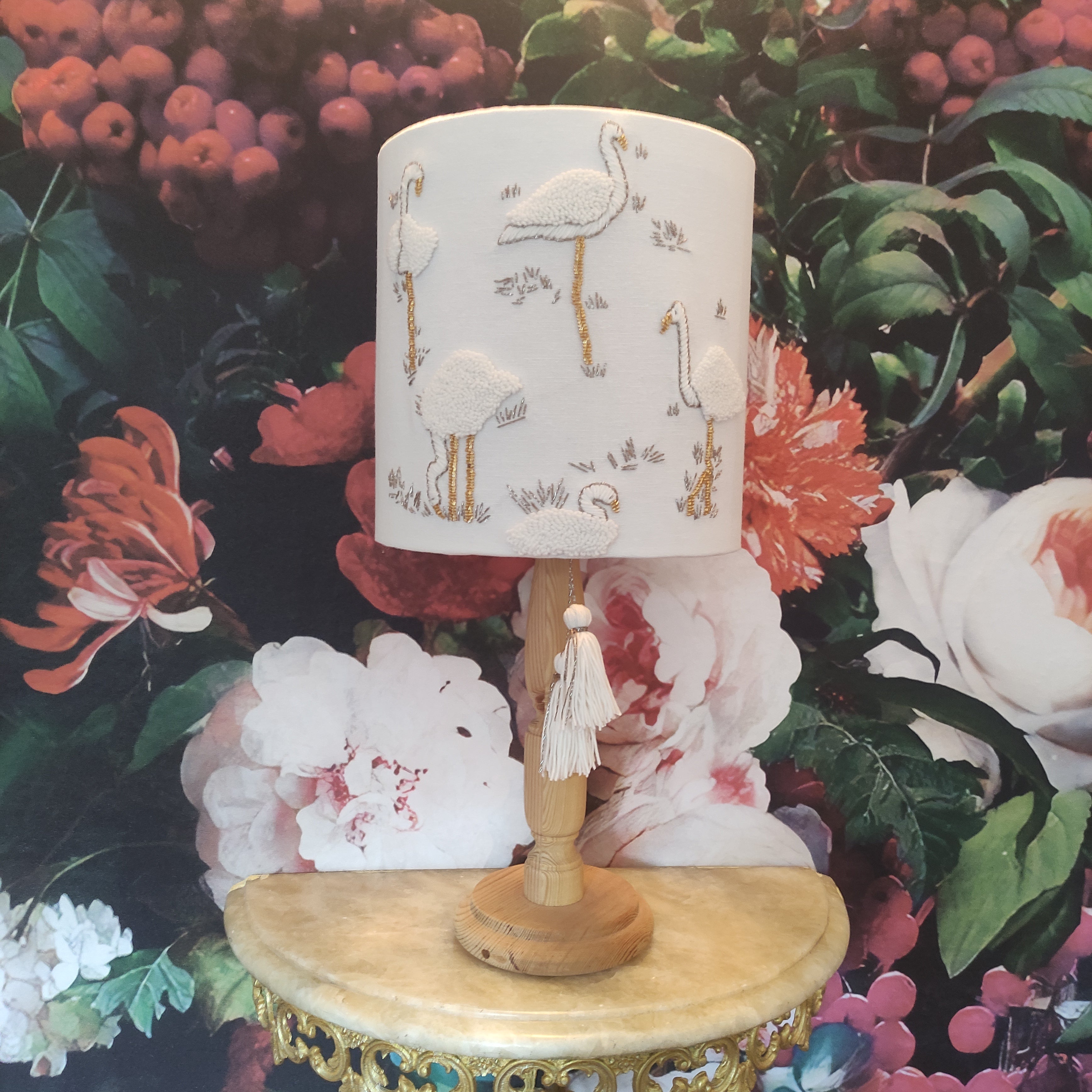 Flamingo Pattern Punch Needle Embroidery and Beaded Lampshade