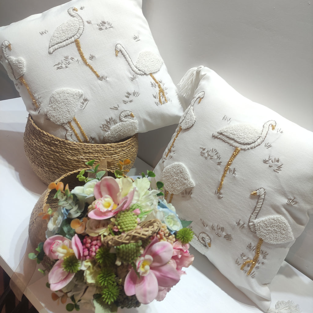Flamingo Pattern Punch Needle Embroidery and Beaded Cushion Cover