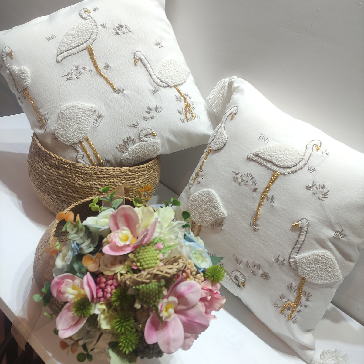 Flamingo Pattern Punch Needle Embroidery and Beaded Cushion Cover
