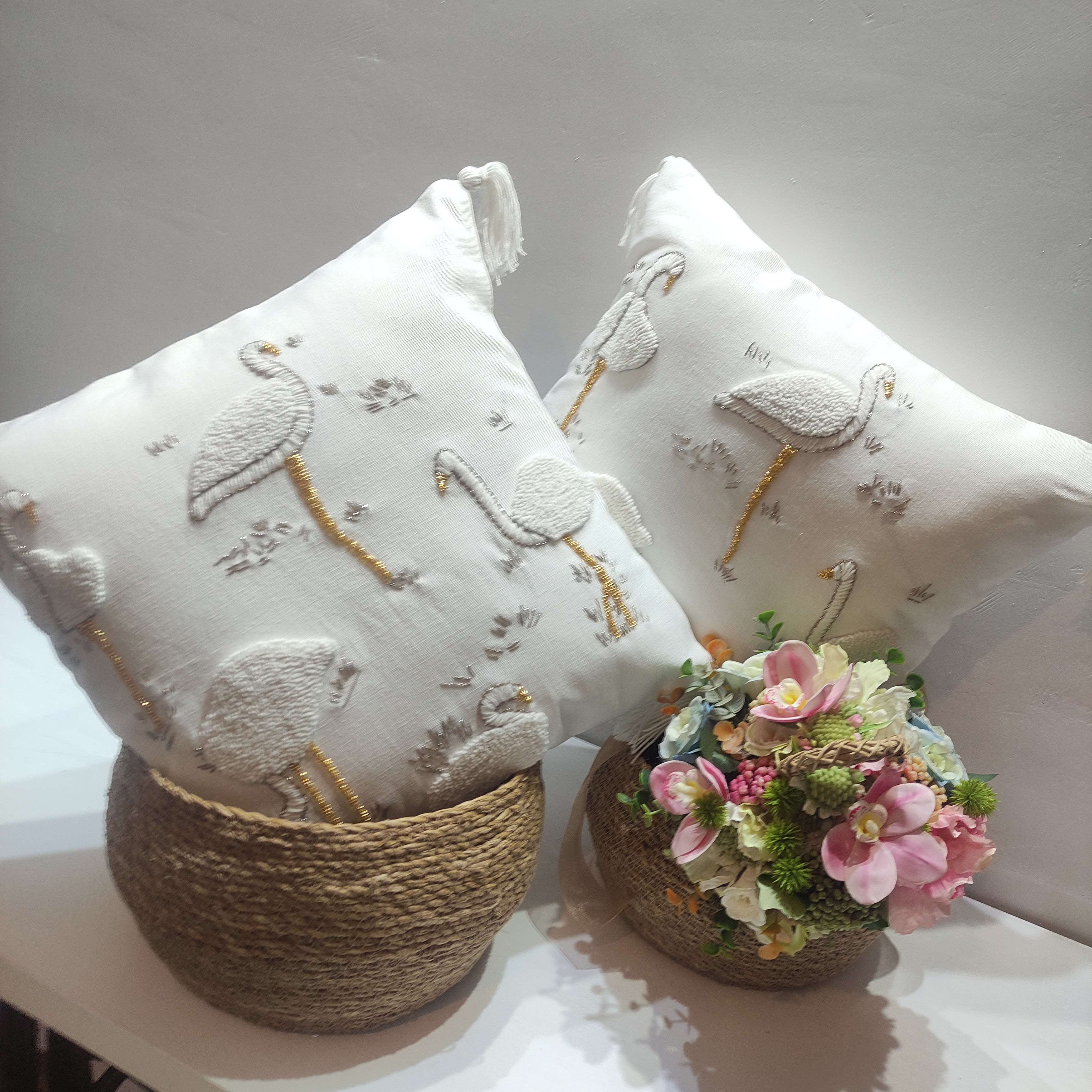 Flamingo Pattern Punch Needle Embroidery and Beaded Cushion Cover